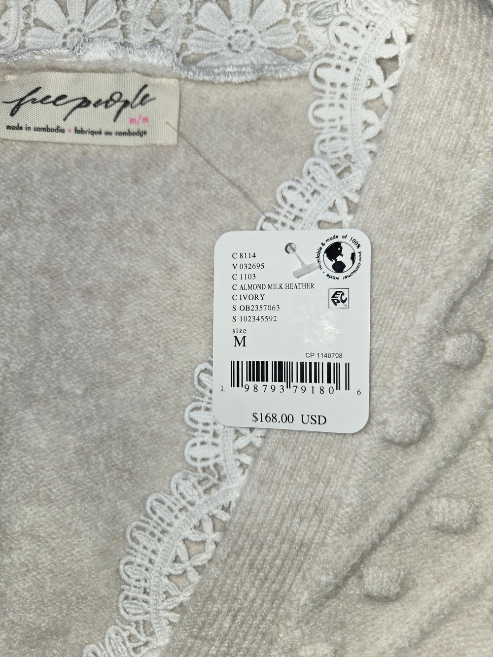 NWT Free People Almond Milk Lace SoftSpun Long Sleeve Knit Crop Cardigan - M - Picture 8 of 12